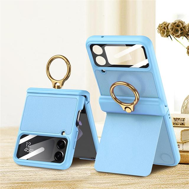 For Samsung Galaxy Z Flip 4 Case Ultra -Thin Plain Leather Magnetic Hinge Finger Ring Holder Bracket Mirror Film Shockproof Cover