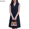 ZANZEA Women Casual Turn Down Collar Solid Color Loose Sleeveless Dress