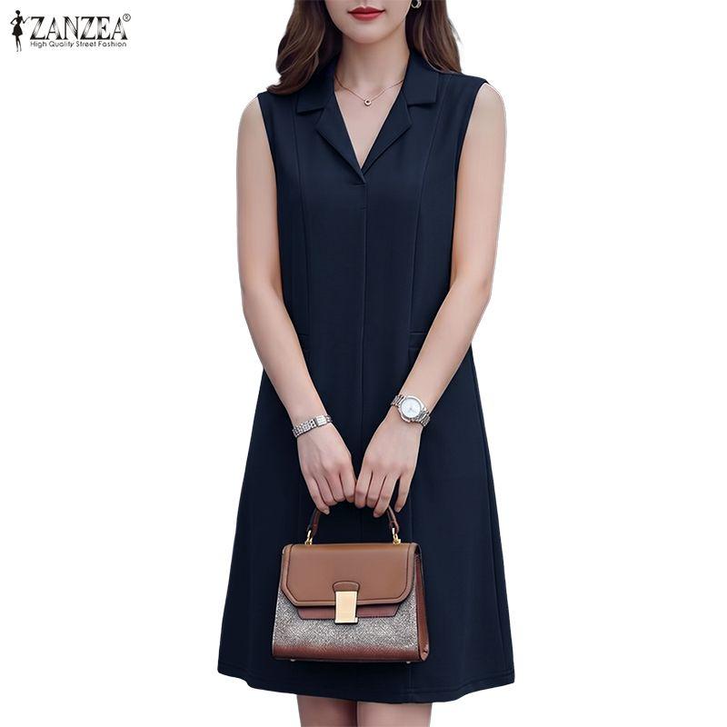 ZANZEA Women Casual Turn Down Collar Solid Color Loose Sleeveless Dress
