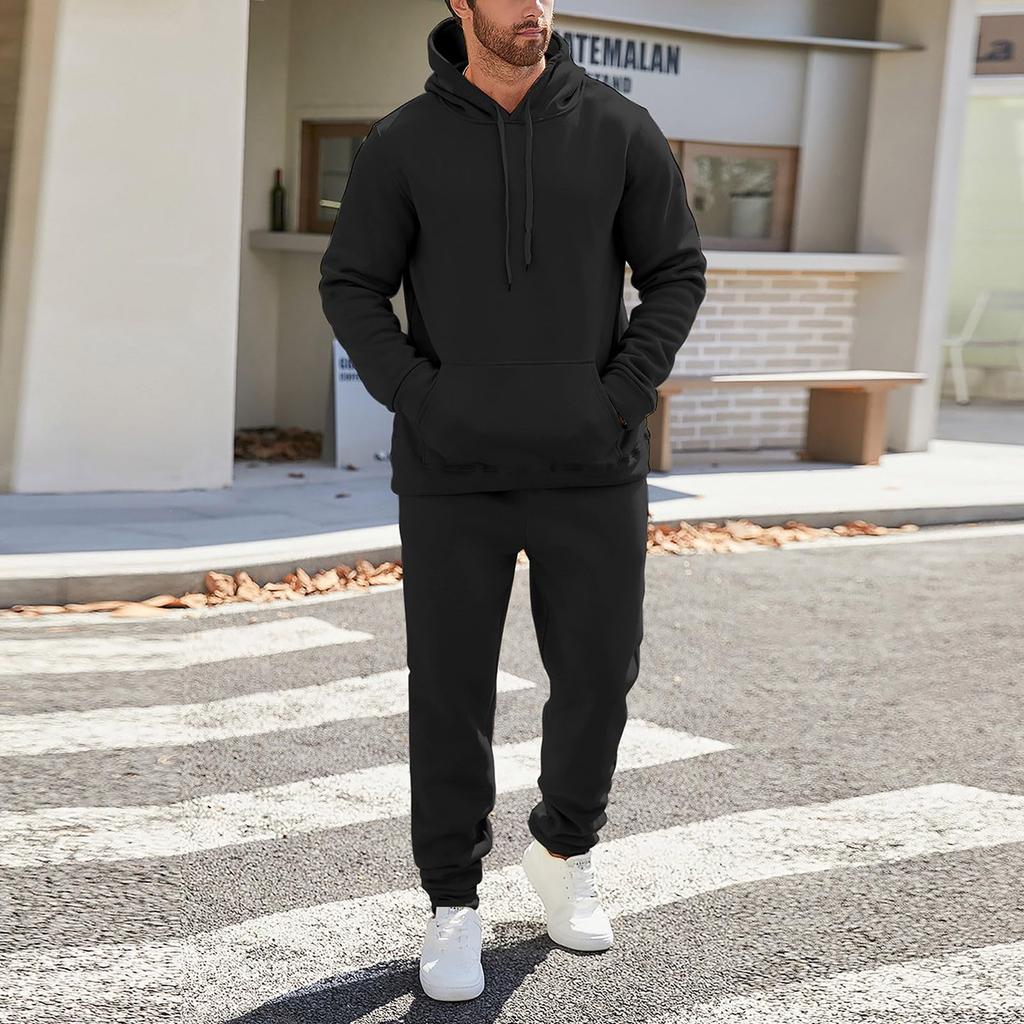 Men's And Women's Solid-color Casual Set. Men's Long-sleeved Hooded, Fleece And Thickened Sweatshirt And Pants Two-piece Set