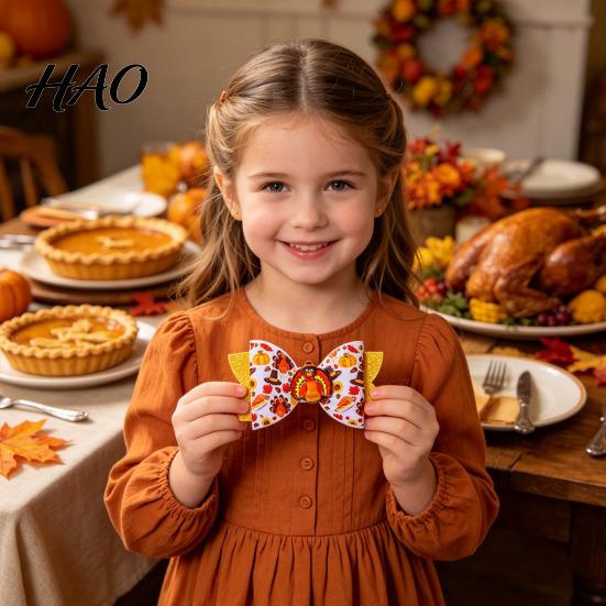Fall Theme Hair Decor Thanksgiving Turkey Bow Clip for Girls, Decorative Pins, Pumpkin Clips Double Layer Glitter Clip, Cute Autumn Holiday