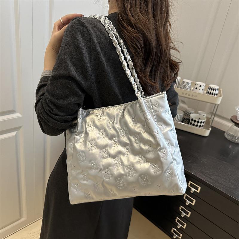 Bow girl heart texture wind embroidery thread pleats large capacity solid color shoulder bag tote handbag