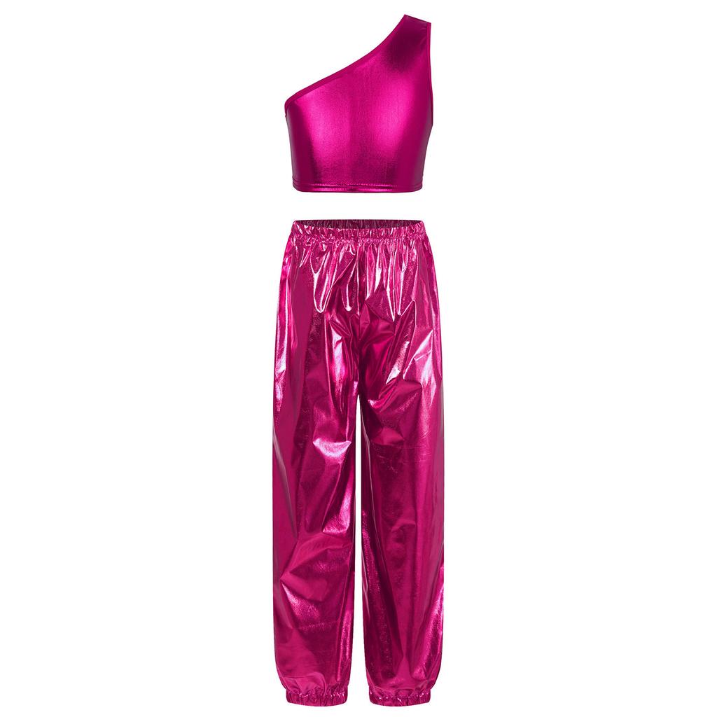 Girls Dance Party Outfit One Shoulder Metallic Cropped Vest Shiny Pants Set for Stage Performances Birthday Events