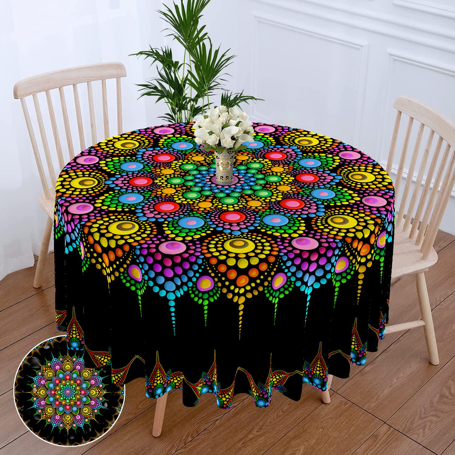 1 Stuk Ronde Tafelkleed Met Groene Rode Bloemen Waterdicht Kleurrijk Terras Tafelkleed Multifunctioneel 63 Inch Totem Tafelkleed W63inchxL63inch