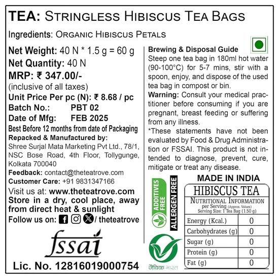 the tea trove Organic Hibiscus Tea Leaves Bags - 40 Eco-Friendly Hibiscus Flower Tea Bags In Resealable Pouch - Caffeine Free | Pack Of 1, 60 Grams