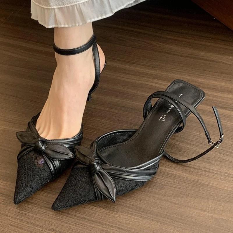 

Mesh Embroidery Pointed Toe Pumps for Women Elegant Bowknot Buckle Mule Sandals Luxury Backless Thin High Heeled Evening Shoes 39 чорний