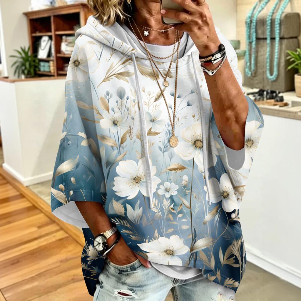 Women's Drawstring Hoodie Retro Floral Print Loose Fit Casual Sweatshirt