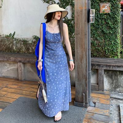 Women's Dress with French Elegance and Floral Halter Dress Summer Slimming Imitation Denim Print Halter Dress