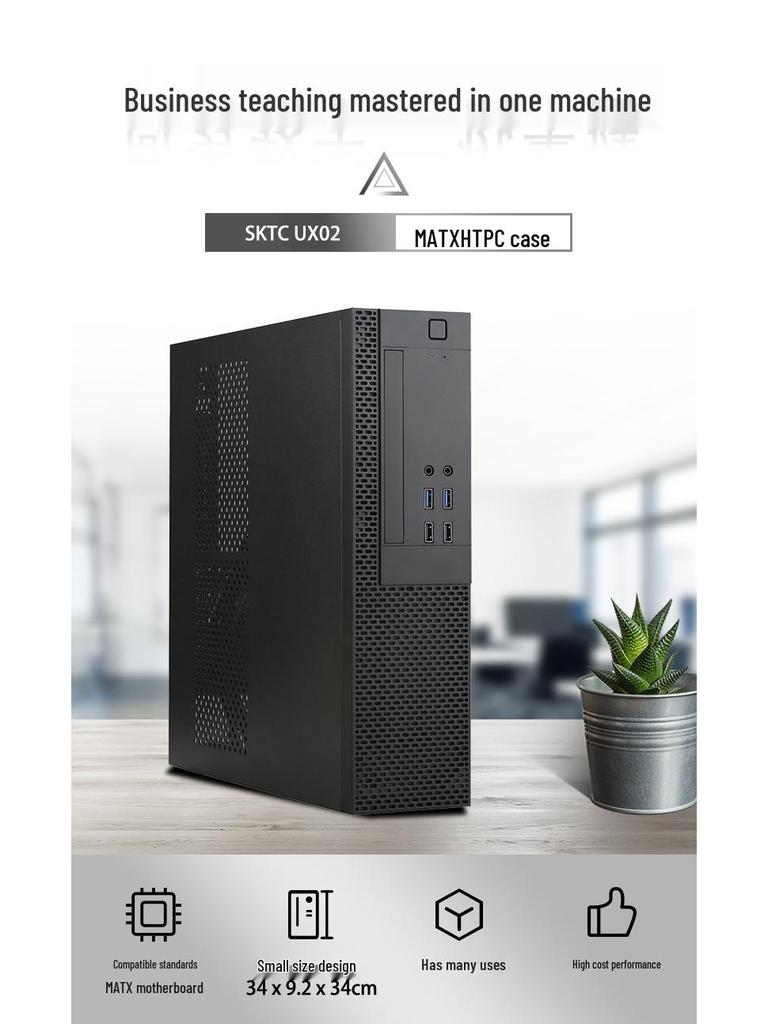 SKTC UX02 Desktop-Gehäuse: Kompatibel mit MATX-Motherboard, 1U-Netzteil, optischem Laufwerk, Grafikkarte; Aufstellbares & Liegendes Design.