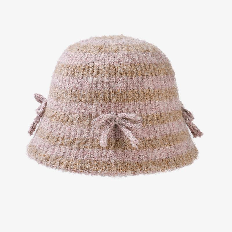 

Новые женские милые полосатые шляпы-ведра с бантом, теплые ретро-шляпы с солнцезащитным козырьком, осенне-зимние, модные, цветные, рыболовные шапки, универсальные, повседневные