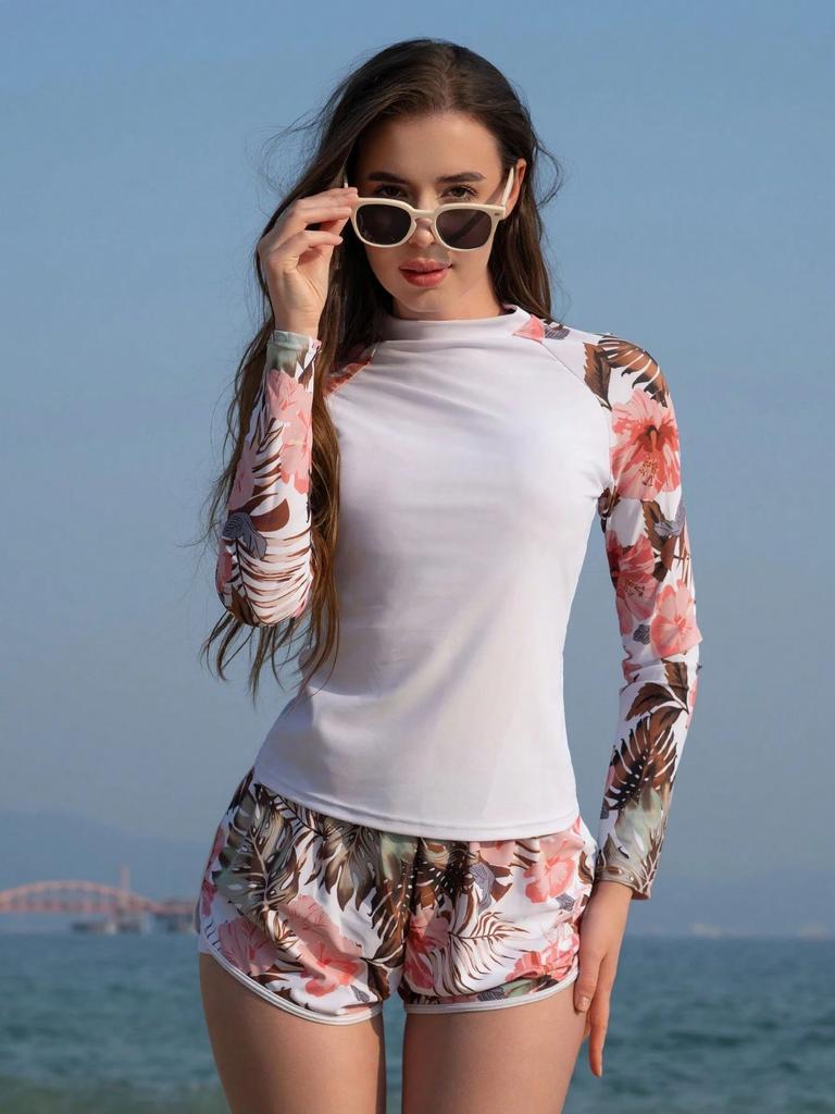 European and American swimwear long-sleeved print splicing double-layer trousers women's split tankini swimsuit
