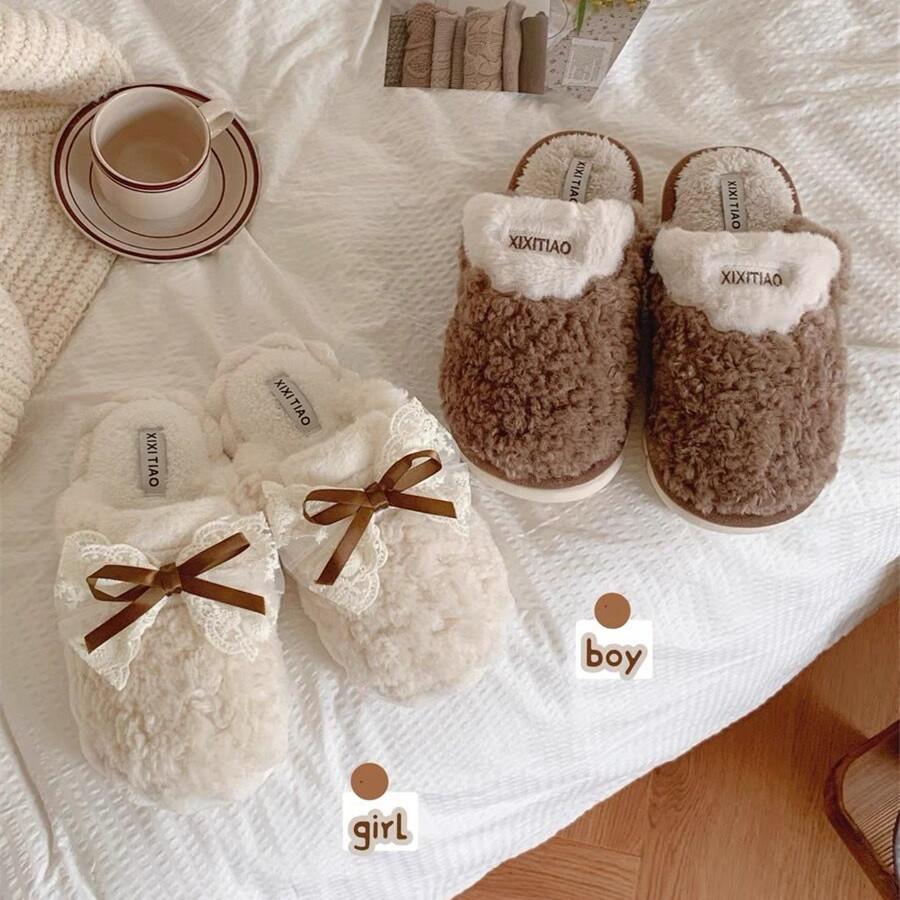 Cute Bow Fuzzy Maternity Slippers, Women Winter Non-Slip House Cotton Shoes