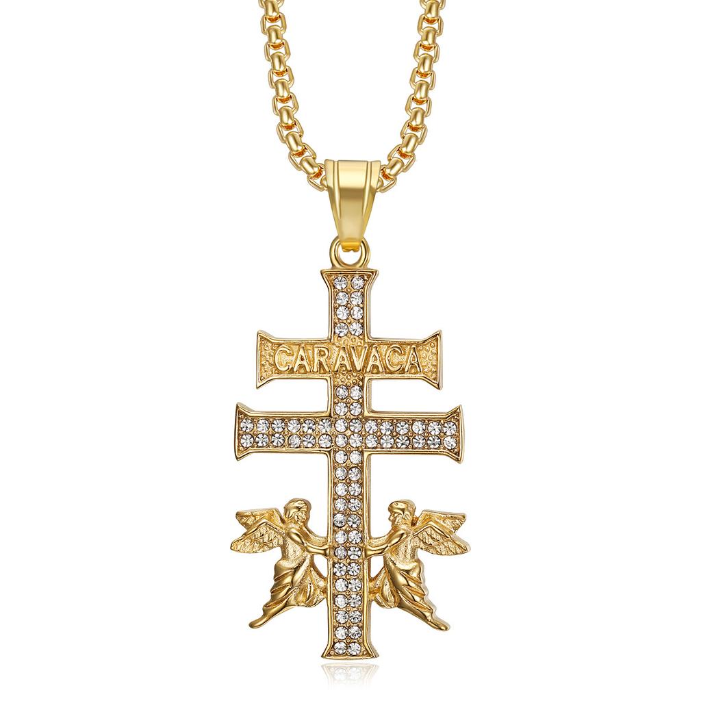 Hot Selling Hip Hop Jewelry Titanium Steel Gold Plated Diamond Angel Cross Pendant Necklace