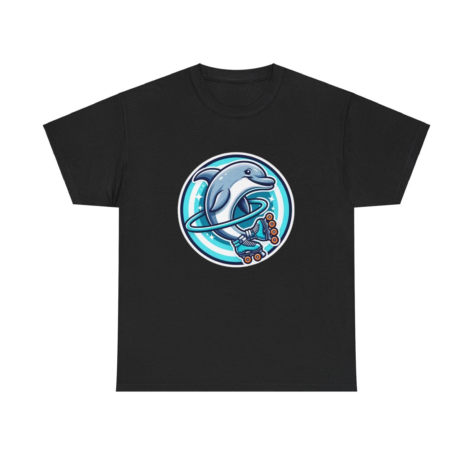 Unisex Adult T Shirt Playful Dolphin Roller Skates Hula hoop Funny Animal Tee S