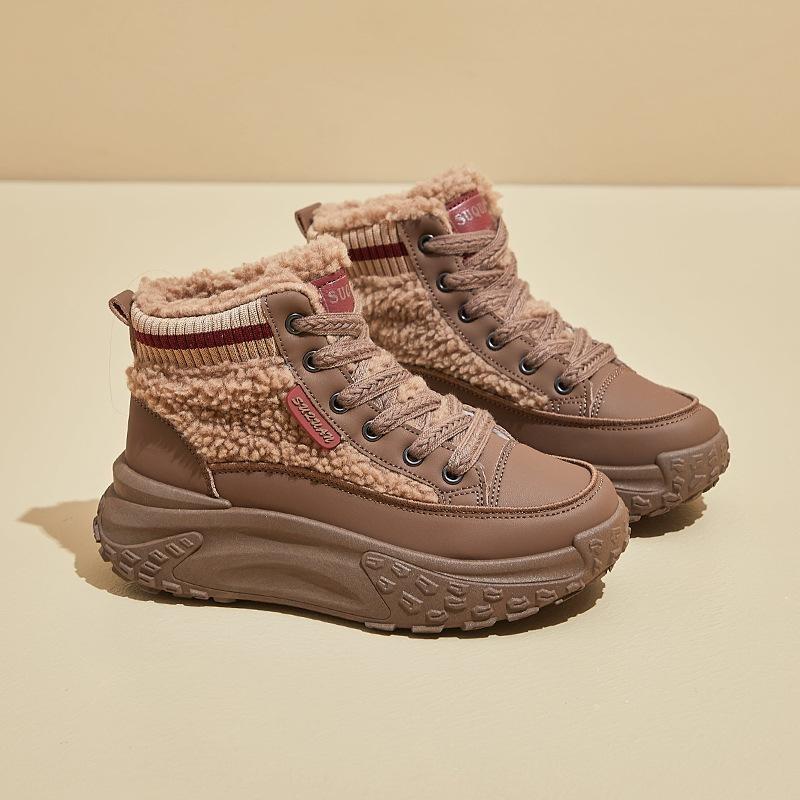 Women Winter Warm Faux Fur Lined Chunky Platform Lace Up Anti Slip PU Leather Ankle Snow Booties