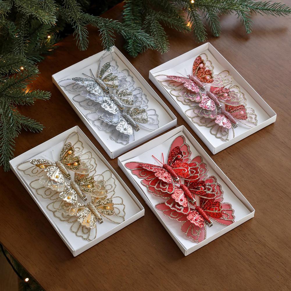 3PCS Simulated Glitter Butterfly Ornament Clips Designed for Christmas Tree Decoration and Holiday Arrangements