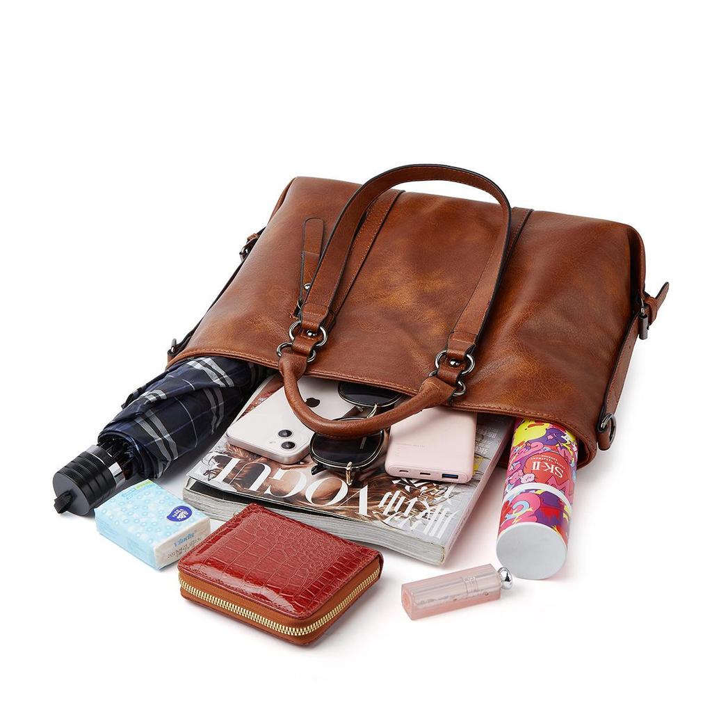 2024 Autumn Large-Capacity Retro Waxed Leather Shoulder & Crossbody Tote Bag for Women