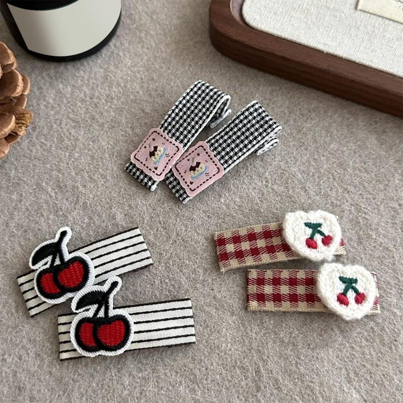 1pair Vintage Check Pattern Hairpin Flower Embroidery Fabric Kid Hair Clip for Children's Parties