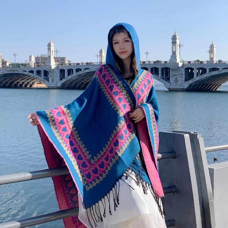 Yunnan Dali Ethnic Style Women's Warm Hooded Scarf Cloak