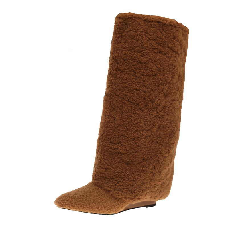 New Boots, Fluffy Boots, High Boots, Fashionable Trouser Tube Boots, Fashionable Wedge Heel, Pointed But Knee Boots
