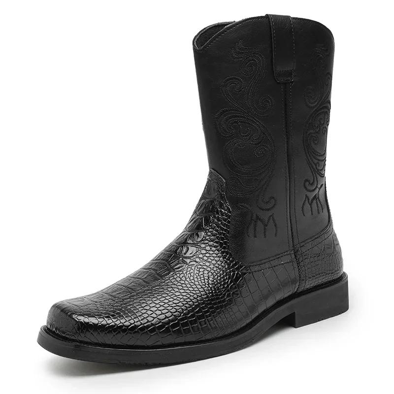 

Сапоги Western Motorcycle Knight Cowboy Boots Men High Quality Вышитые кожаные сапоги Mid икры Натуральная кожаная мужская обувь с высоким верхом 38 чёрный