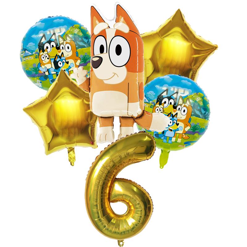 6 Stück Familie Bluey Aluminiumballon Cartoon Bingo Aktivität Spielzeug Blau Gold Stern Ballon Dekoration Sammlung Geburtsdatum Feier Babyparty Zubehör