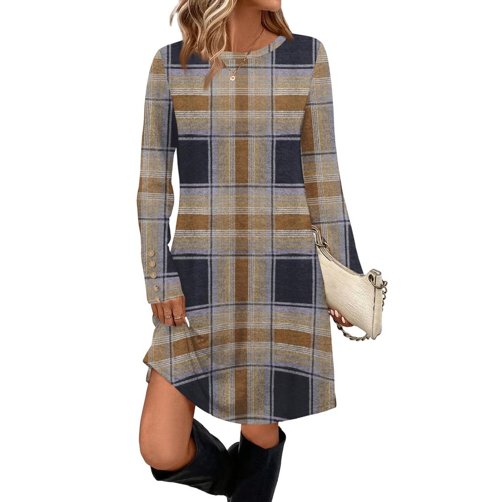 Rochie Casual de Damă la Modă Cu Buzunar, Nasturi Decorativi, Gât Rotund și Mâneci Lungi