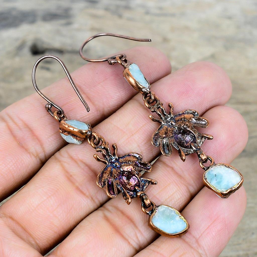 Larimar Rough Earring Electroformed Copper Earring Honey Bee Jewelry Gemstone Earrings Copper Jewelry Engagement Gifts Handmade Drop Earring