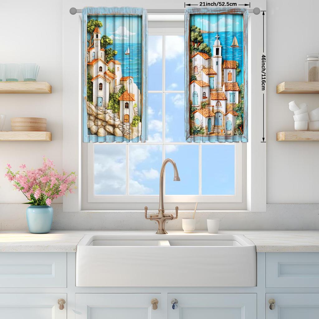2pcs Seaside Town Printed Curtains   Shade and Privacy Protection   Suitable for Decorating Various Rooms