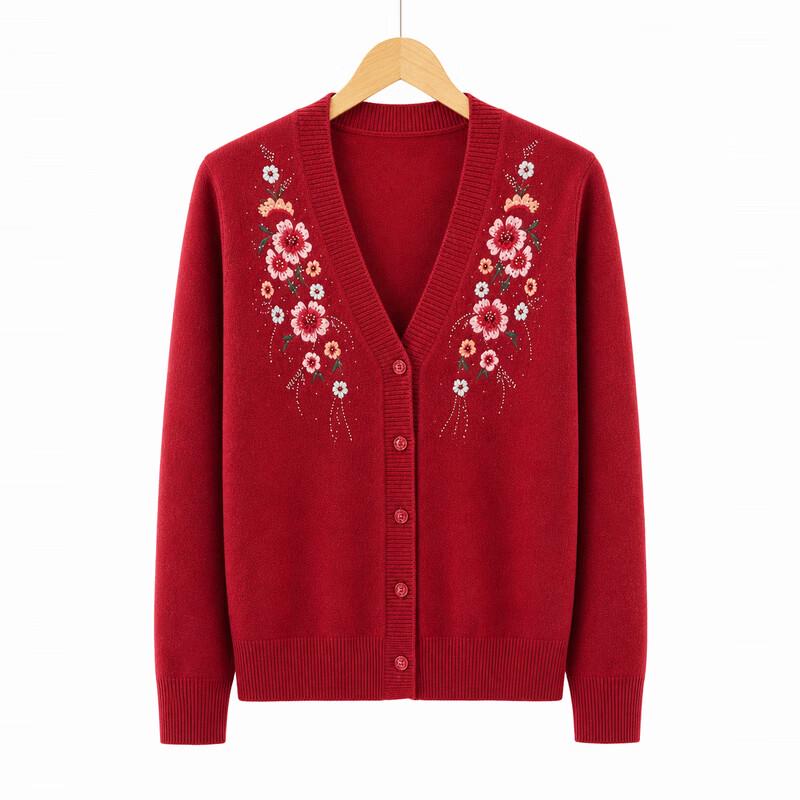 Hodo Women's Elderly Floral Embroidered V-Neck Knit Cardigan