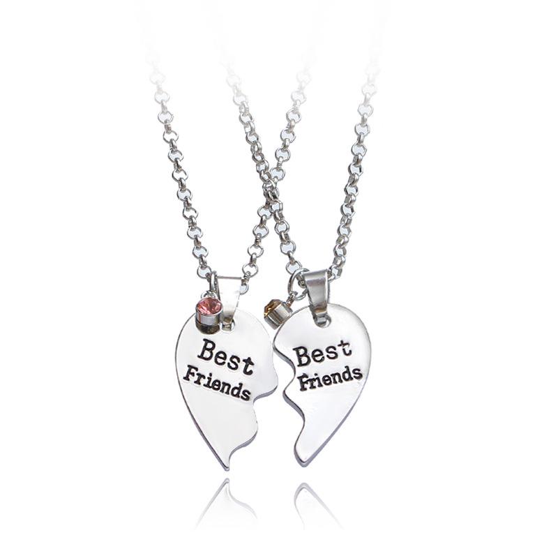 Rhinestone Heart Necklace: European & American Heart Metal Pendant with Best Friend Letter