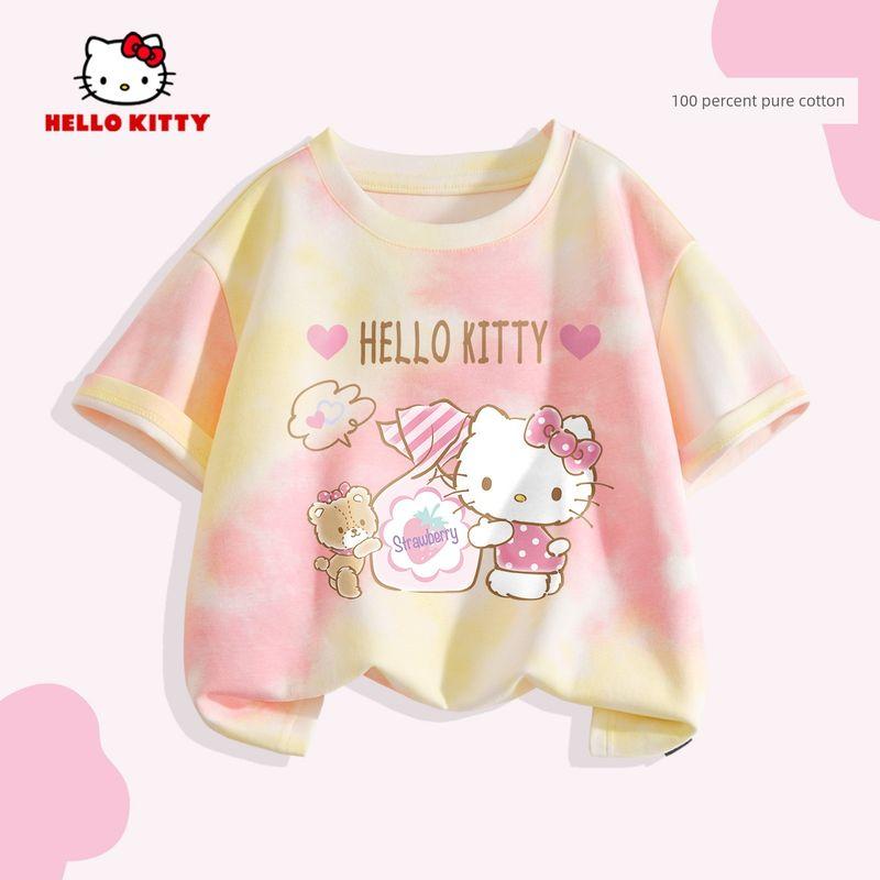 Hello Kitty Girls' Short-Sleeved T-Shirt 2026 New Pure Cotton Rainbow Kidsren's Summer Wear Tie-Dye Cute Clothes Trendy