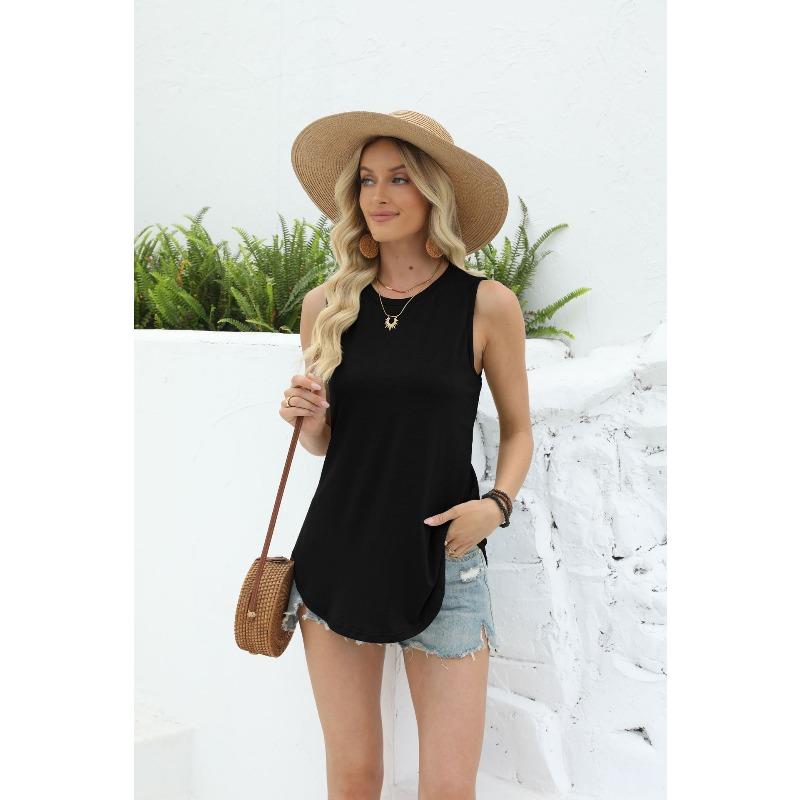 Women's Spring Summer Solid Color Round Neck Loose Sleeveless Casual Tank Top