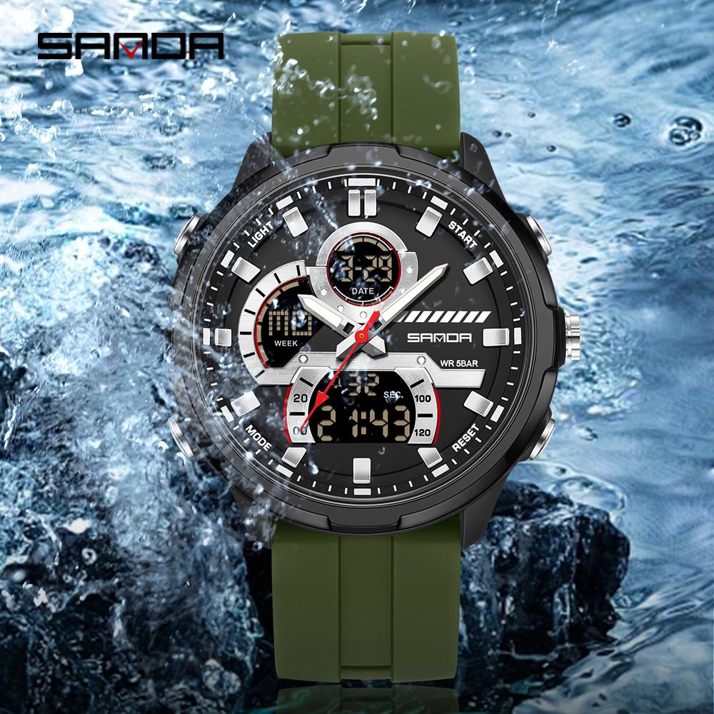 SANDA 9077 Night Light LED Men's Electronic Watch New Fashionable Men's Electronic Watch Multifunctional Sports Waterproof