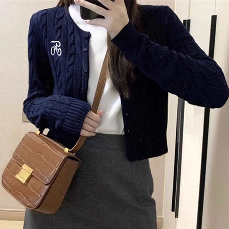

Women s Embroidered Cable Knit Crew Neck Cardigan - Autumn/Winter Long Sleeve Short Sweater Coat M (48-55 kg) темно-синий