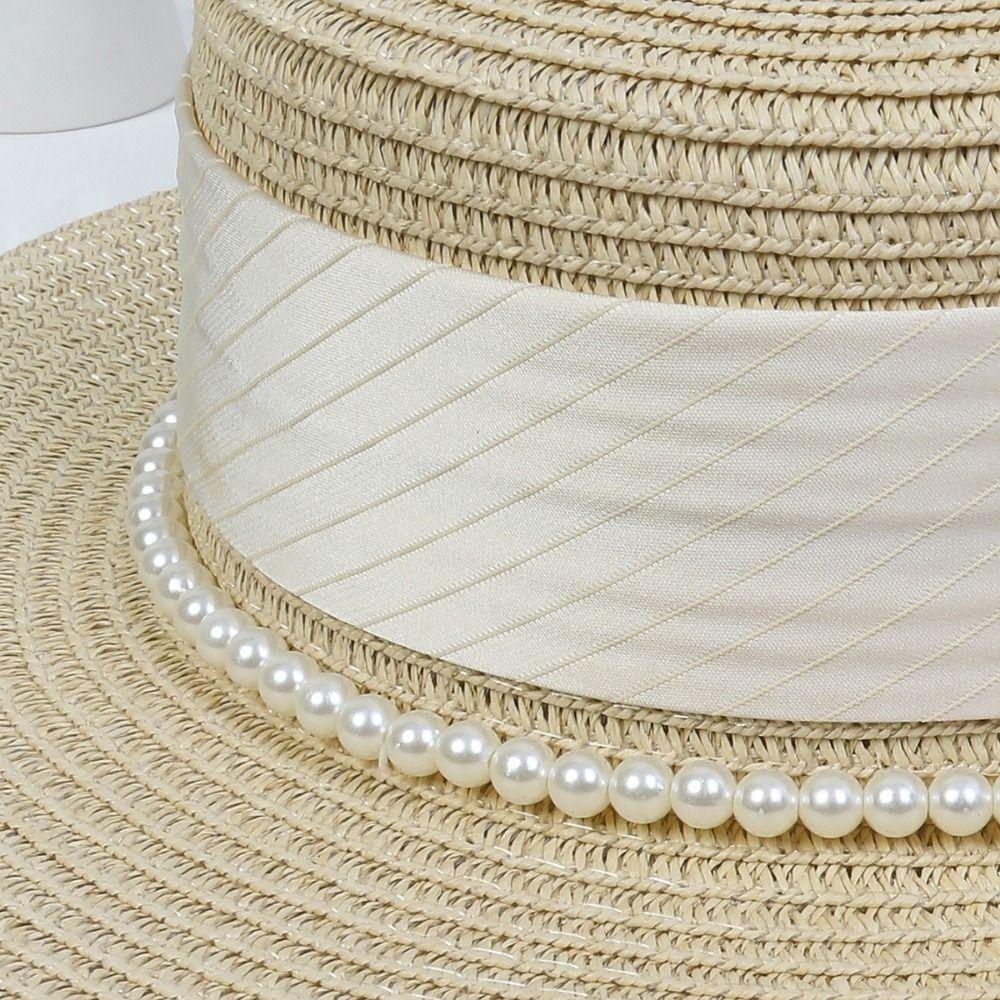 UV Protection Wide Brim Straw Hat Pearl Chain Women's Fisherman Hat Fashion Flat Sun Cap  Summer