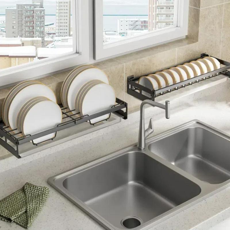 Dish Rack Wall Mounted Modern Kitchen Multifunctional Shelf Bowl Plate Drying Hanging Rack Chopsticks Fork Storage Shelves