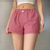 Summer casual fashion retro bow decoration red checkered women's shorts