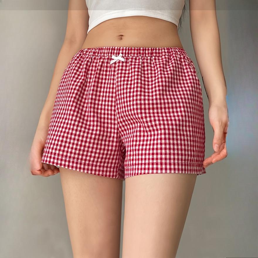 Summer casual fashion retro bow decoration red checkered women's shorts