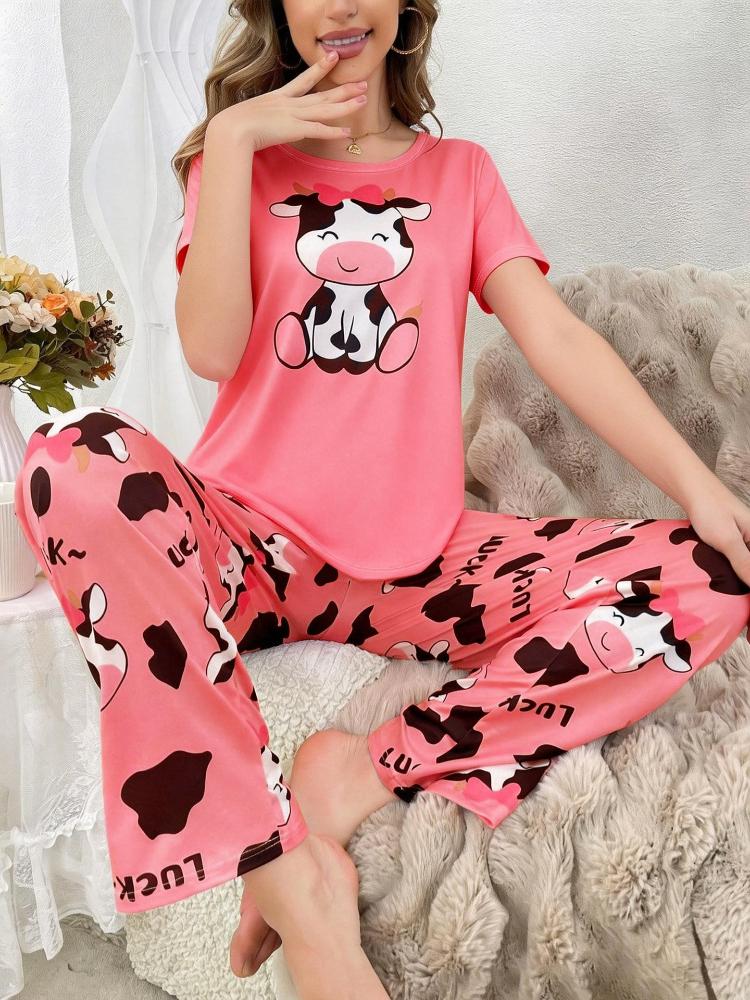 Women'S 2pcs Heart Bear Pajama Set - Cozy Red & Heart Bear Print Long Sleeve Nightgown & Pants with Elastic Waistband, Button-Up Front, Cute Pajamas