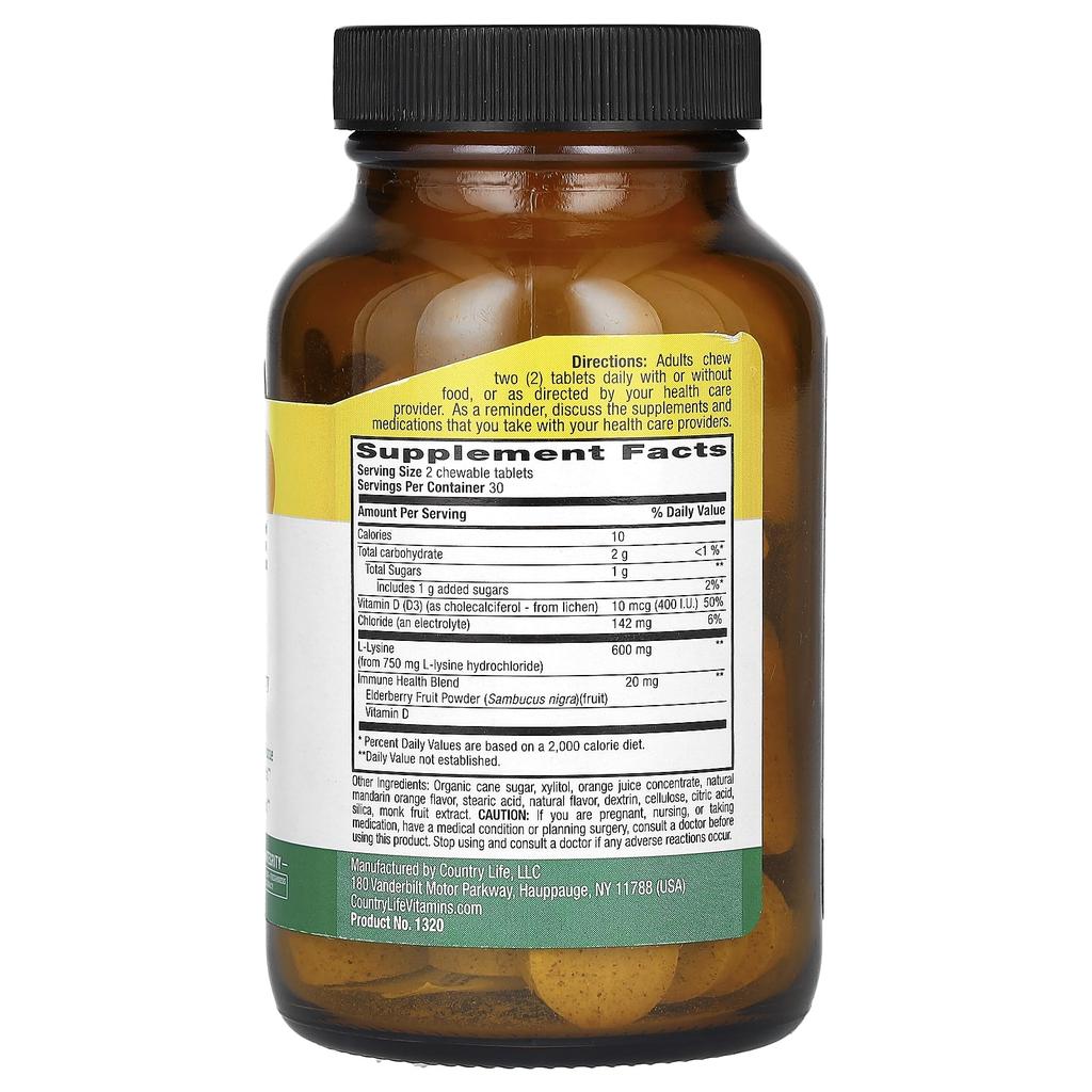 Chewable L-Lysine with Vitamin D and Elderberry, Tangy Orange Twist, 600Mg, 60 Chewable Tablets (300Mg Per Tablet)