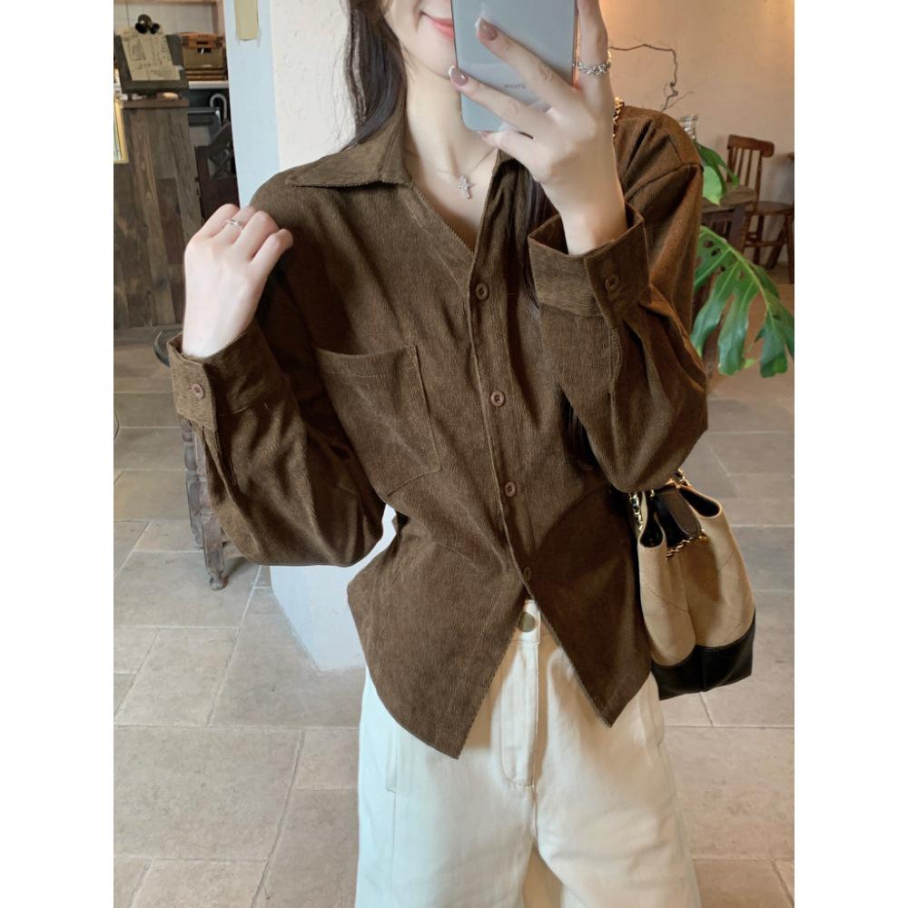 Autumn/Winter Korean Corduroy Tie-Up Lapel Shirt for Women - Elegant, Slimming, Chic, and Versatile Top