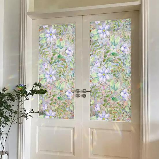 4 Sheets Rainbow Floral Window Privacy Film Stained Glass Decorative Decals Sun Blocking Heat Control Static Glass Clings for Bedroom Living Room