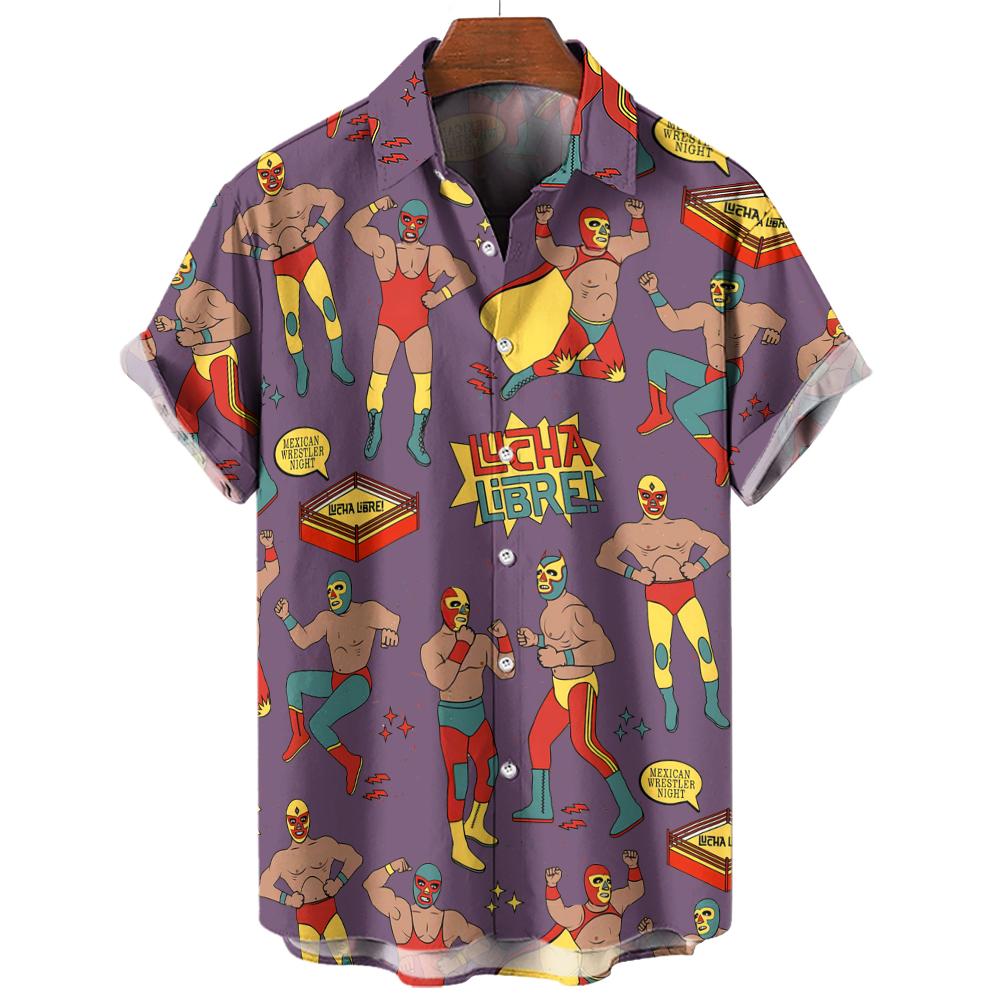 Camisa de Playa Casual de Moda Patrón 3D de Luchador Camiseta Retro Manga Corta Vacaciones al Aire Libre Camisa para Hombre y Mujer