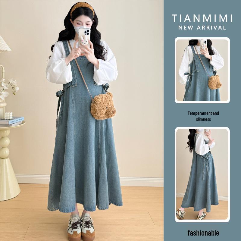 Spring 2026 Reversible Lace-up Retro Denim Overalls Dress & T-Shirt Set M