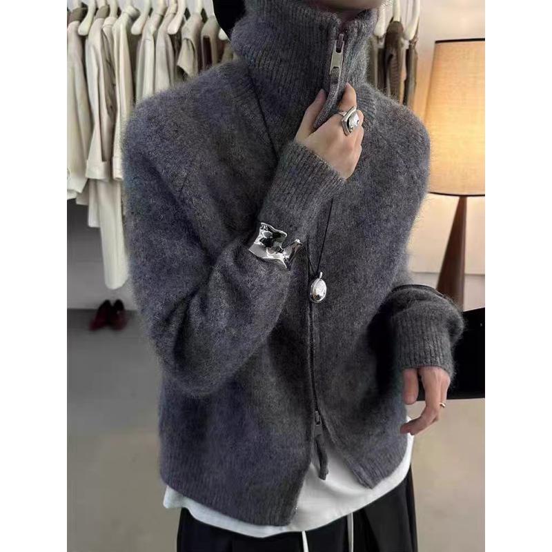 

French High Collar Cashmere Knit Women s Cardigan - Autumn Winter Loose Sweater, Thick Wool Base Layer Top M (50-55 kg)