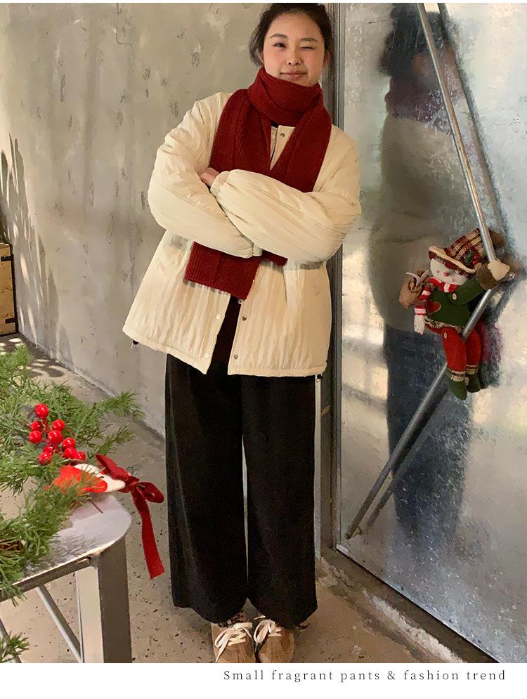 Plus Size Women's Korean Style Winter Padded Jacket 2025 - Loose Fit, Warm, Windproof, Round Neck, Solid Cream Color Cotton Coat