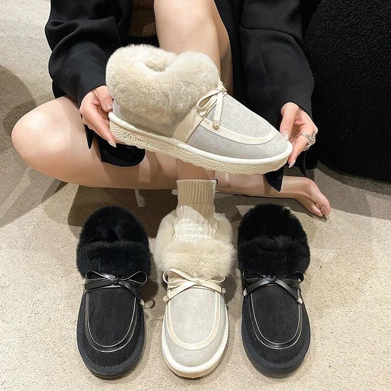 

Модные женские ботильоны, зимняя теплая плюшевая обувь без шнуровки, женские сапоги на плоской подошве на низком каблуке, однотонные женские зимние сапоги с узлом-бабочкой