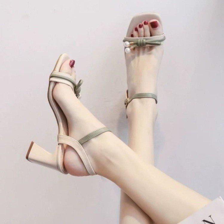 

Women s One-Strap High Heel Sandals - French Style with Pearls 40 зелений