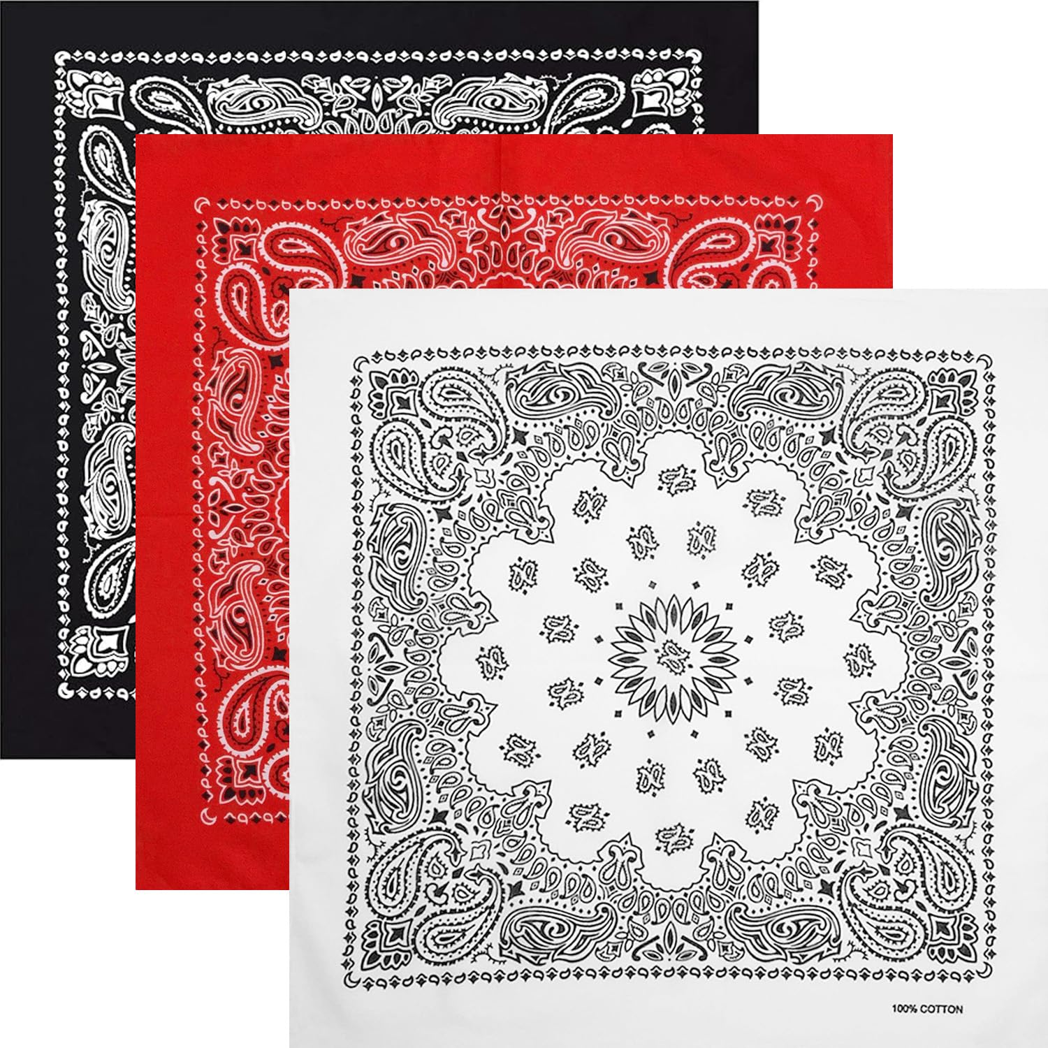 

kakatrend Bandana 100% Cotton Black White Red Adults Men Paisley Stylish Handkerchief Bandana Unisex Durag Set of 3 55cm x 55cm